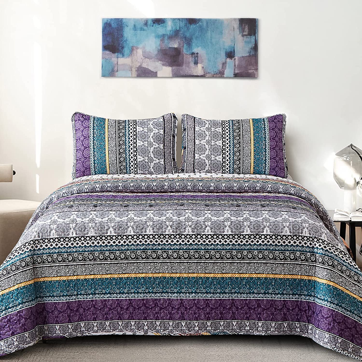 Wongs Bedding Boho Quilt Set Full Size, Purple Bohemian 3 Pieces Quilt Sets, Lightweight Summer Bedspread Coverlet Bedding Set F
